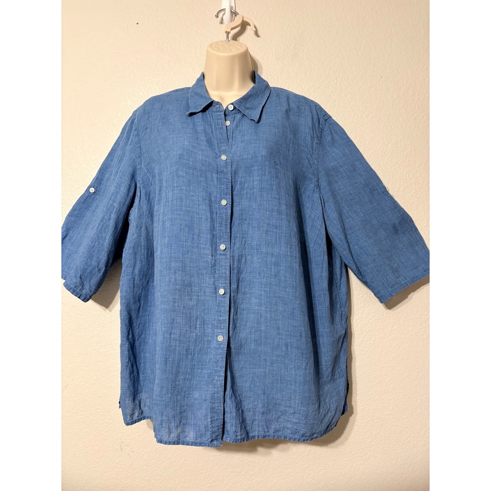 Lauren Ralph Lauren Classic Blue 100% Linen Roll Tab Sleeve Button Down Shirt 1X